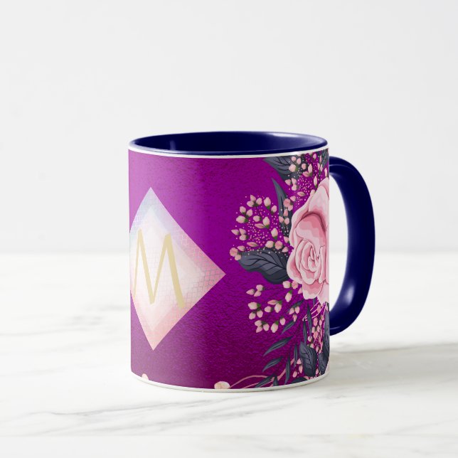 Monogram Magenta Rosegold Pink Metallic Glitter Mug (Front Right)