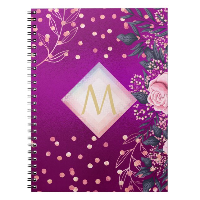 Monogram Magenta Rosegold Pink Metallic Glitter Notebook (Front)
