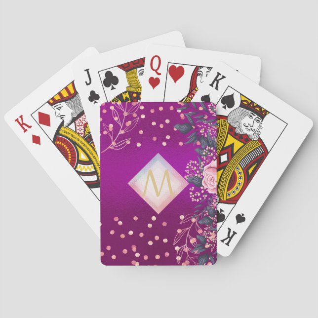 Monogram Magenta Rosegold Pink Metallic Glitter Playing Cards (Back)