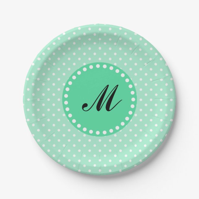 Monogram Magic Mint and White Polka Dot Paper Plate (Front)