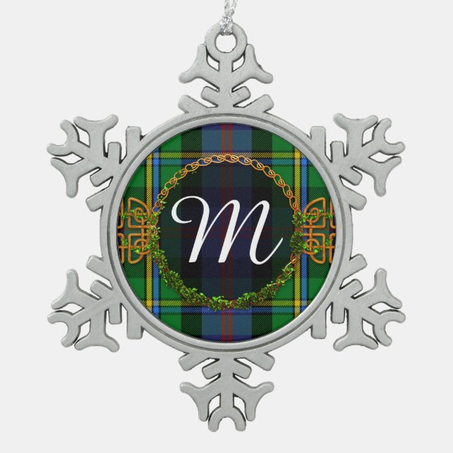 Monogram Malcolm Tartan Snowflake Pewter Christmas Ornament (Front)