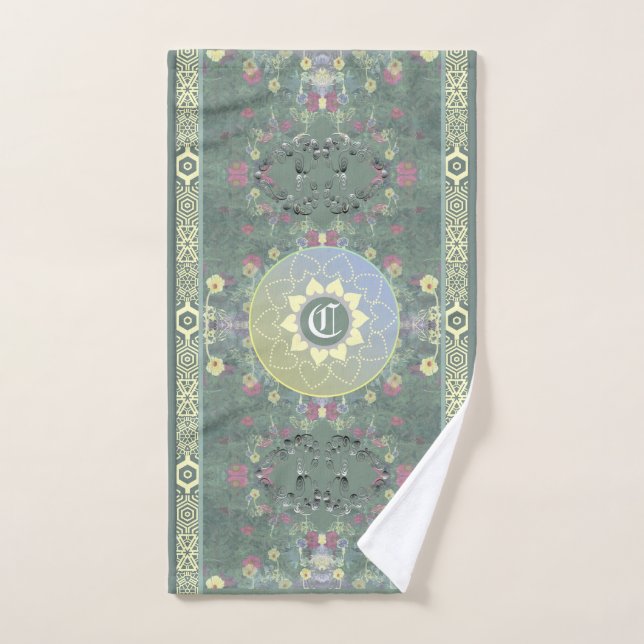 Monogram Mandala and Wildflower w/Arab Tile Font Hand Towel (Hand Towel)