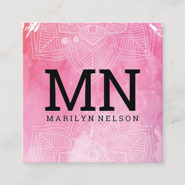 Monogram | Mandala Print Watercolor  Background Square Business Card (Front)