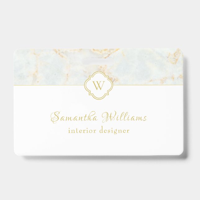 Monogram Marble Elegant White Gold ID Badge (Front)