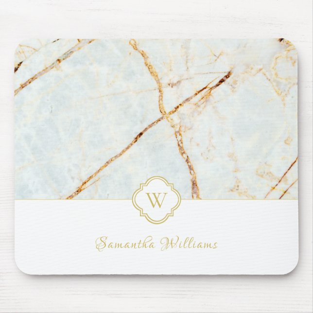 Monogram Marble Elegant White Gold Mousepad (Front)