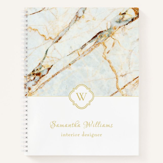 Monogram Marble Elegant White Gold Spiral Notebook (Front)