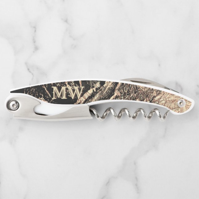 Monogram marble geode black faux gold chic corkscrew (Front)