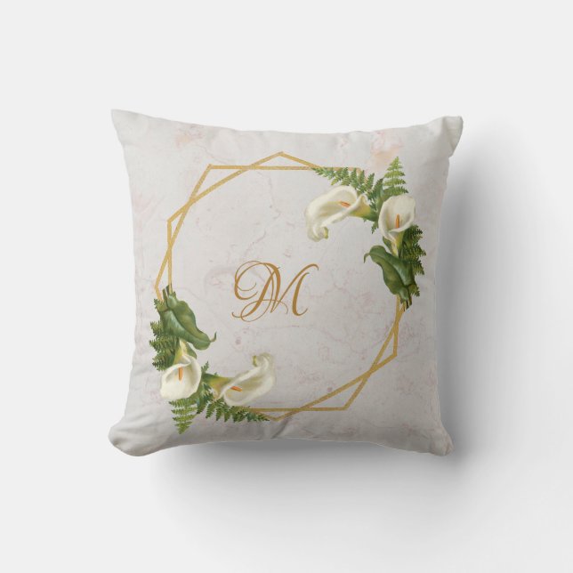 Monogram Marble Gold Calla Lilies Floral Geometric Cushion (Front)