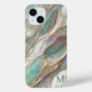 Monogram Marble Mother of Pearl Gold Veins Luxury iPhone 15 Case