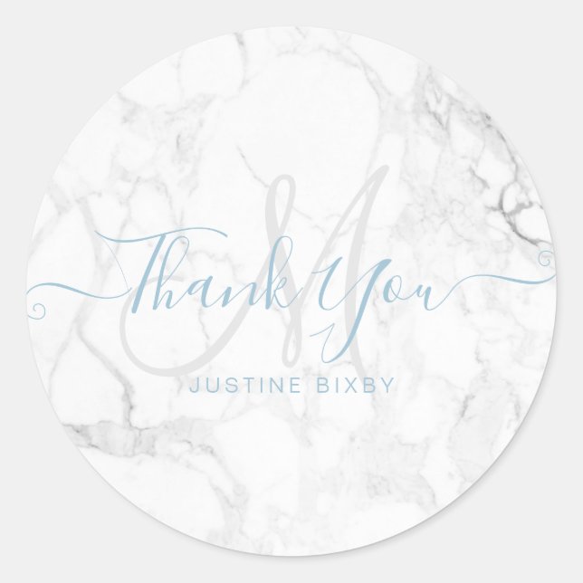 Monogram Marble Script Thank You, DIY Dusty Blue Classic Round Sticker (Front)
