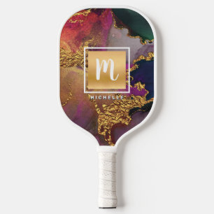 Monogram Marble Watercolor Gold Purple Green Blue Pickleball Paddle