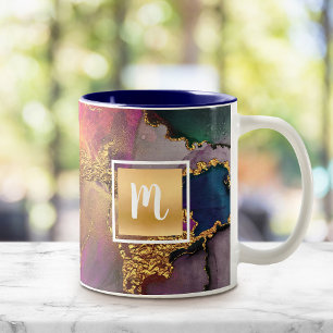 Monogram marble watercolor gold purple green blue Two-Tone coffee mug