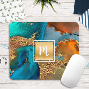 Monogram marble watercolor gold turquoise & orange mouse mat