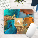 Monogram marble watercolor gold turquoise & orange mouse mat<br><div class="desc">A sparkly, faux gold foil square with a script typography monogram initial overlays a rich, gold veined, turquoise blue, and yellow orange watercolor background on this elegant, trendy, girly, monogramed mousepad. Makes a chic and stylish statement every time you use it. A great gift for a friend, as well as...</div>