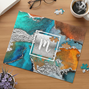 Monogram marble watercolor silver turquoise orange jigsaw puzzle