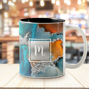 Monogram marble watercolor silver turquoise orange Two-Tone coffee mug