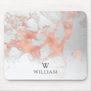 Monogram Marble White Rose Gold Elegant Modern Mouse Mat