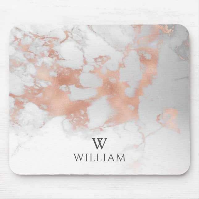 Monogram Marble White Rose Gold Elegant Modern Mouse Mat (Front)