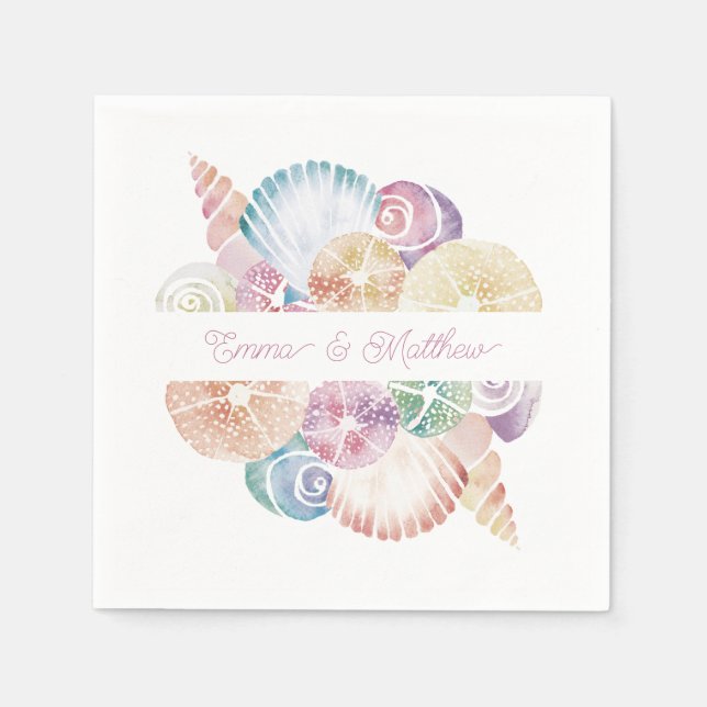 Monogram Marine Watercolor Sea Shells Wedding Logo Napkin (Front)