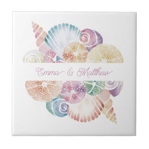 Monogram Marine Watercolor Sea Shells Wedding Logo Tile