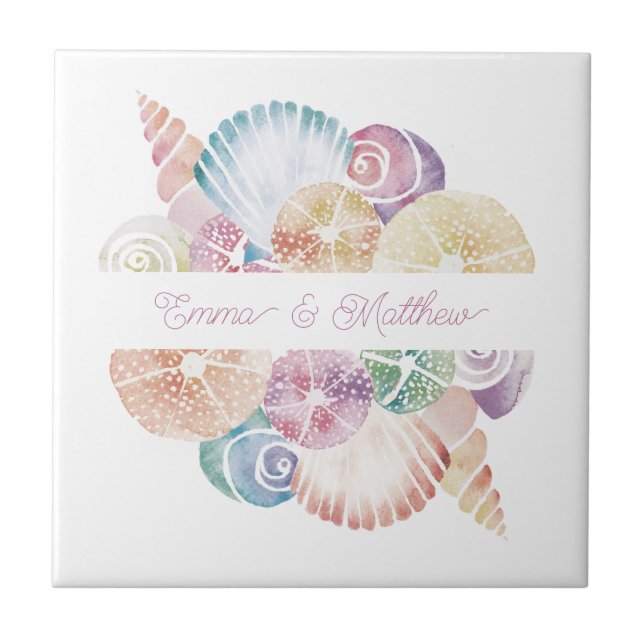 Monogram Marine Watercolor Sea Shells Wedding Logo Tile (Front)