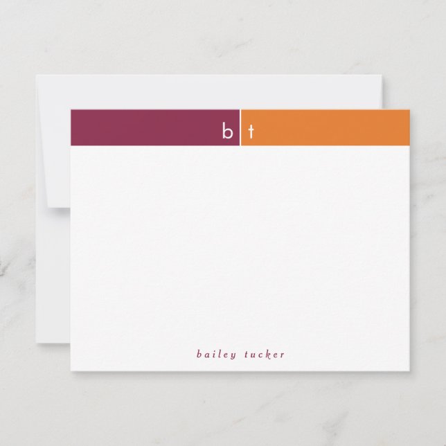 Monogram Maroon Orange Band Personal Stationery Card (Front)