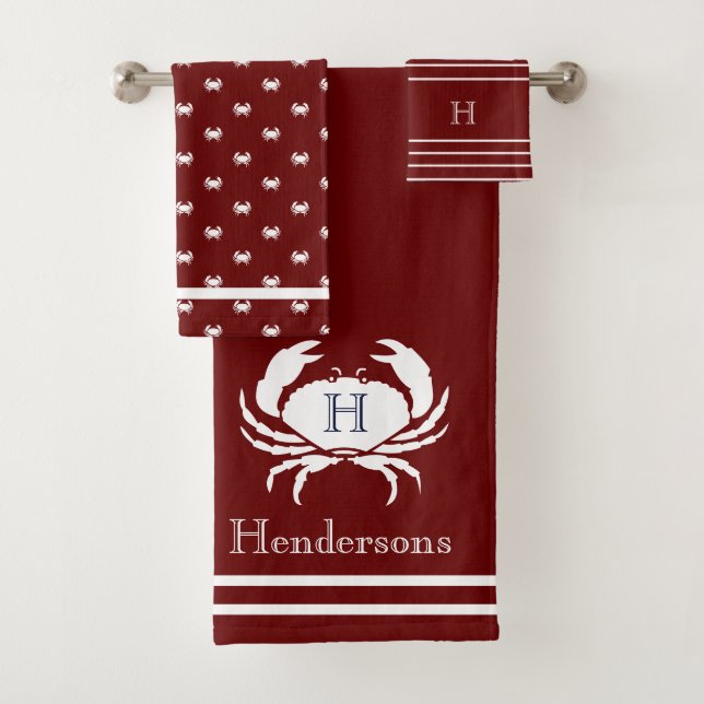 Monogram Maroon Red White Crab Nautical Bath Tow Towel Set (Insitu)
