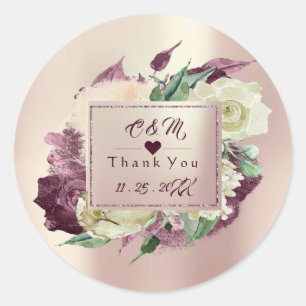 Monogram Marsala Burgund Wedding Favour Floral Ros Classic Round Sticker