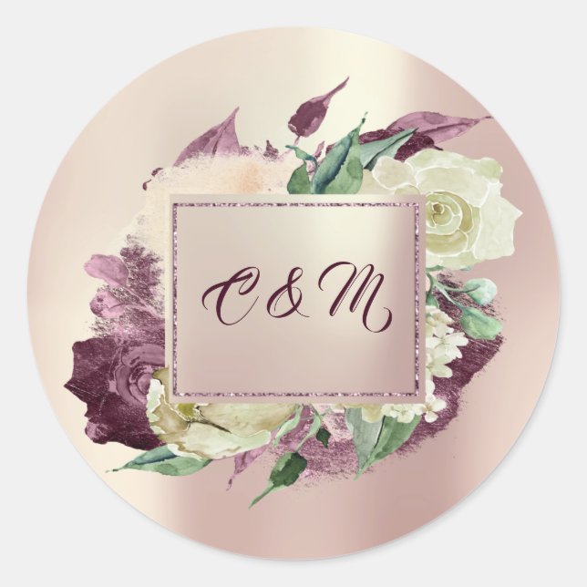 Monogram Marsala  Floral Ivory Mint Rose Gold Classic Round Sticker (Front)