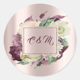 Monogram Marsala  Floral Ivory Mint Rose Gold Classic Round Sticker