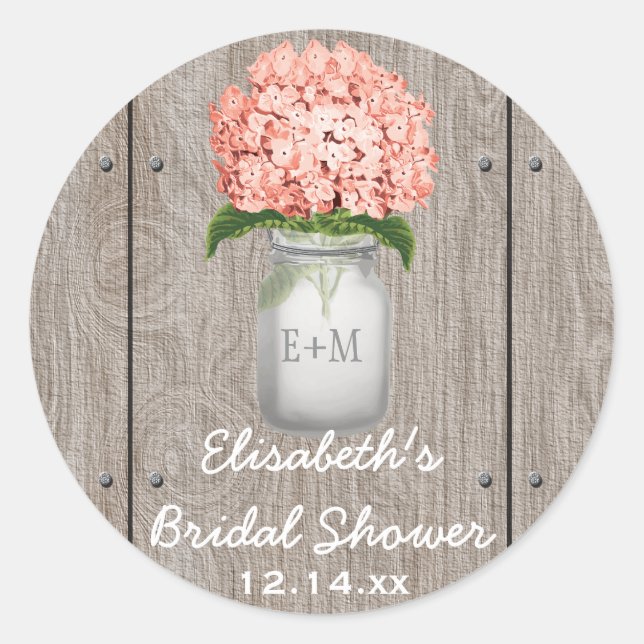 Monogram Mason Jar Coral Hydrangea Bridal Shower Classic Round Sticker (Front)