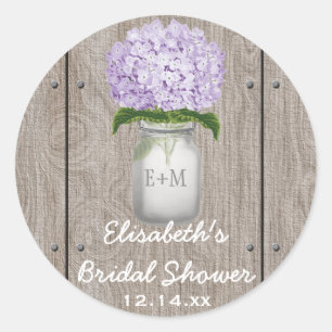 Monogram Mason Jar Purple Hydrangea Bridal Shower Classic Round Sticker