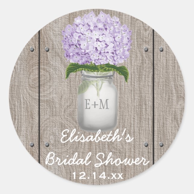 Monogram Mason Jar Purple Hydrangea Bridal Shower Classic Round Sticker (Front)