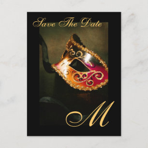 Monogram Masqurade Mask Save The Date Postcard