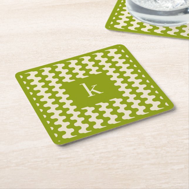 Monogram Matcha Lime Green Bold Wavy Pattern Square Paper Coaster (Angled)