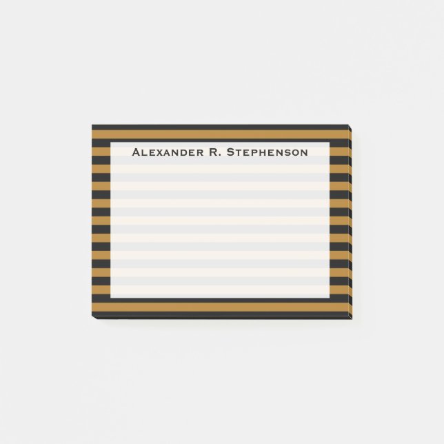 Monogram Matte Gold and Black Stripe Post-it Notes (Front)