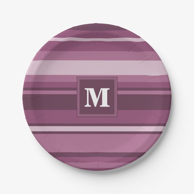 Monogram mauve stripes paper plate (Front)