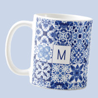 Monogram Mediterranean Blue White Tile Watercolor