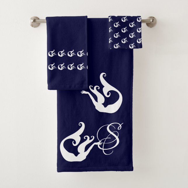 Monogram Mermaid African American Brown Black Bath Towel Set (Insitu)