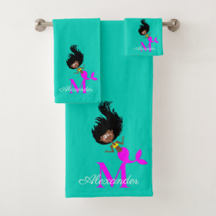 Monogram Mermaid African American Brown Black Girl Bath Towel Set