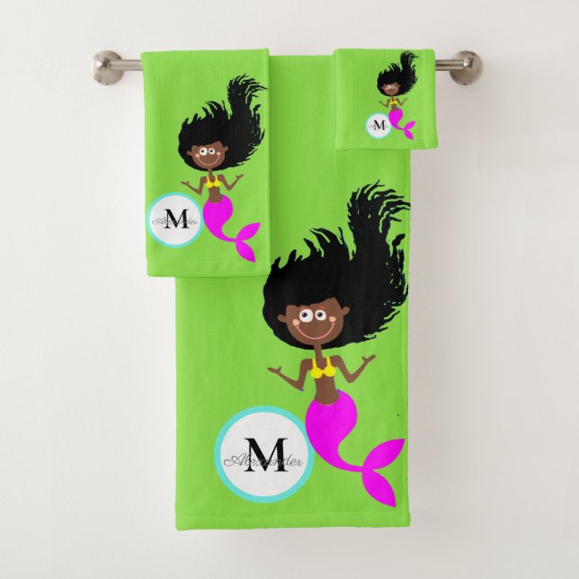 Monogram Mermaid African American Brown Black Girl Bath Towel Set (Insitu)