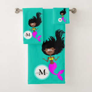 Monogram Mermaid African American Brown Black Girl Bath Towel Set