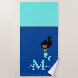 Monogram Mermaid African American Brown Black Girl Beach Towel
