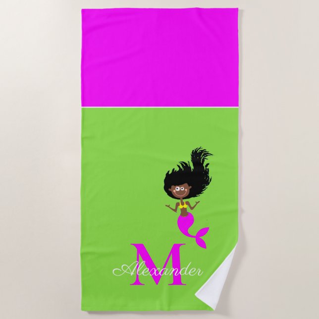 Monogram Mermaid African American Brown Black Girl Beach Towel (Front)