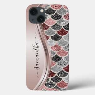 Monogram Mermaid Scale Glitter Pink Silver Name  iPhone 13 Case
