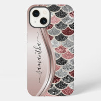 Monogram Mermaid Scale Glitter Pink Silver Name