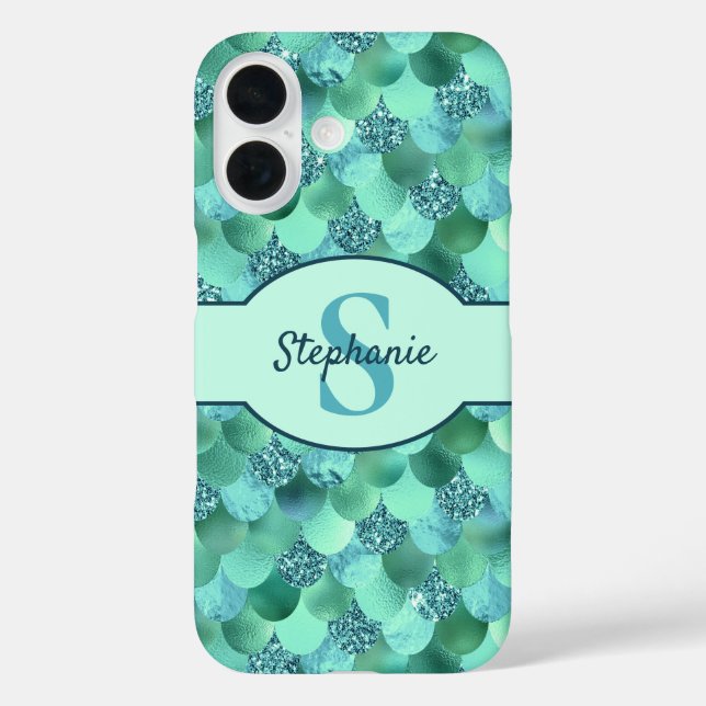 Monogram Mermaid Scales Sea Green Aqua Blue Case-Mate iPhone Case (Back)
