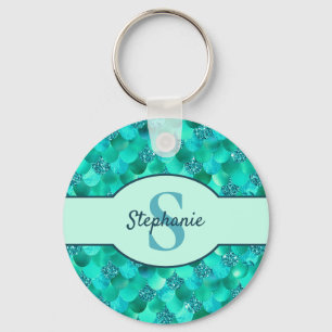 Monogram Mermaid Scales Sea Green Aqua Blue Key Ring