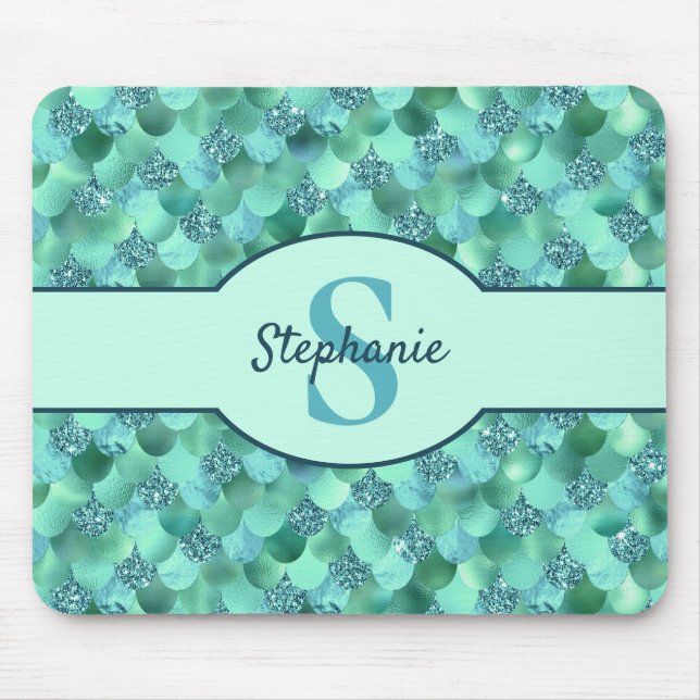 Monogram Mermaid Scales Sea Green Aqua Blue Mouse Mat (Front)