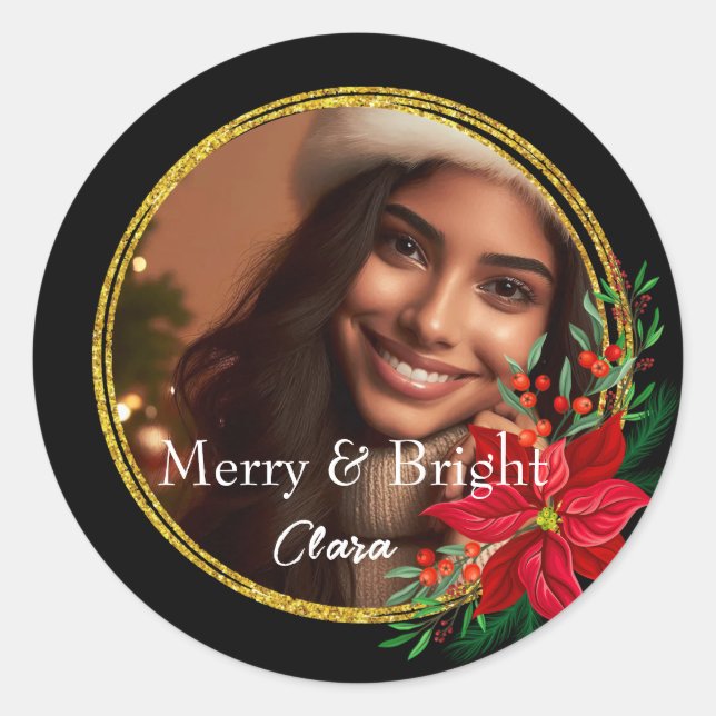 Monogram Merry Bright Christmas Photo Gold Red Classic Round Sticker (Front)